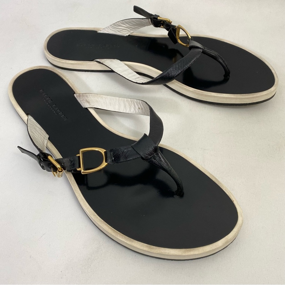 Ralph Lauren Collection Black Leather Thong Flat Sandals 9.5 Womens Buckle